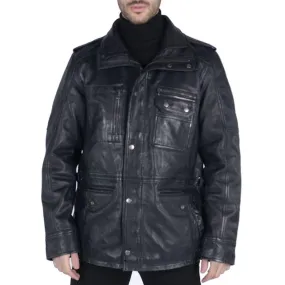 Mens 3/4 Tailored Fit Safari Parka Jacket Genuine Real Leather Military Black