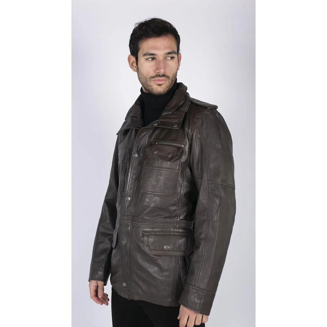 Mens 3/4 Tailored Fit Safari Parka Jacket Genuine Real Leather Military Black