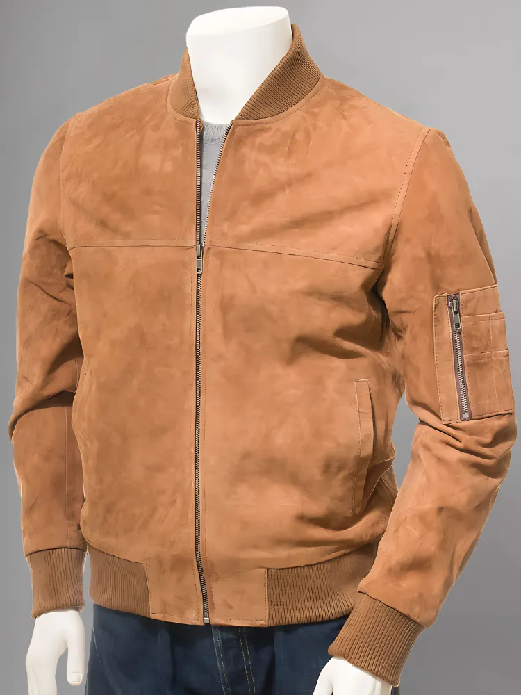 Mens Biker Distressed Suede Camel Leather Jacket