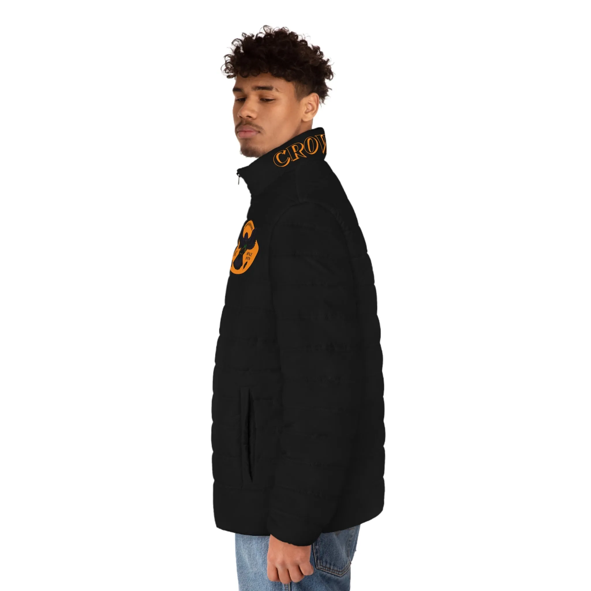 Men's CROWGODSHI 2nd GEN Puffer Jacket, BLACK W/ ORANGE LOGO