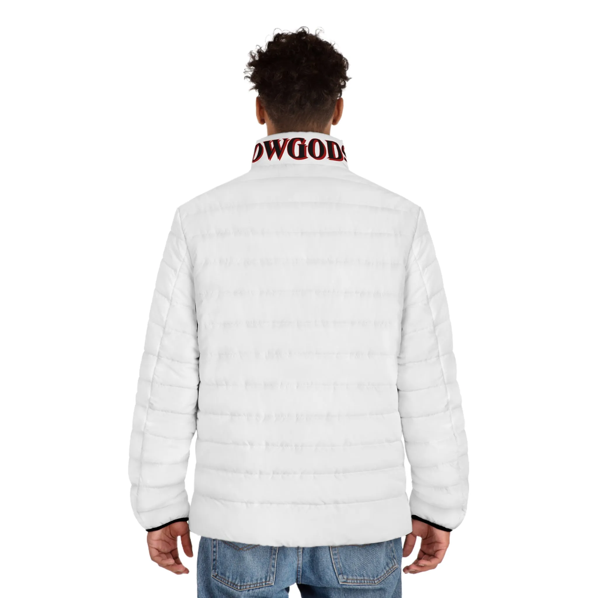 Men's CROWGODSHI 2nd GEN Puffer Jacket, WHITE W/ BURGUNDY LOGO