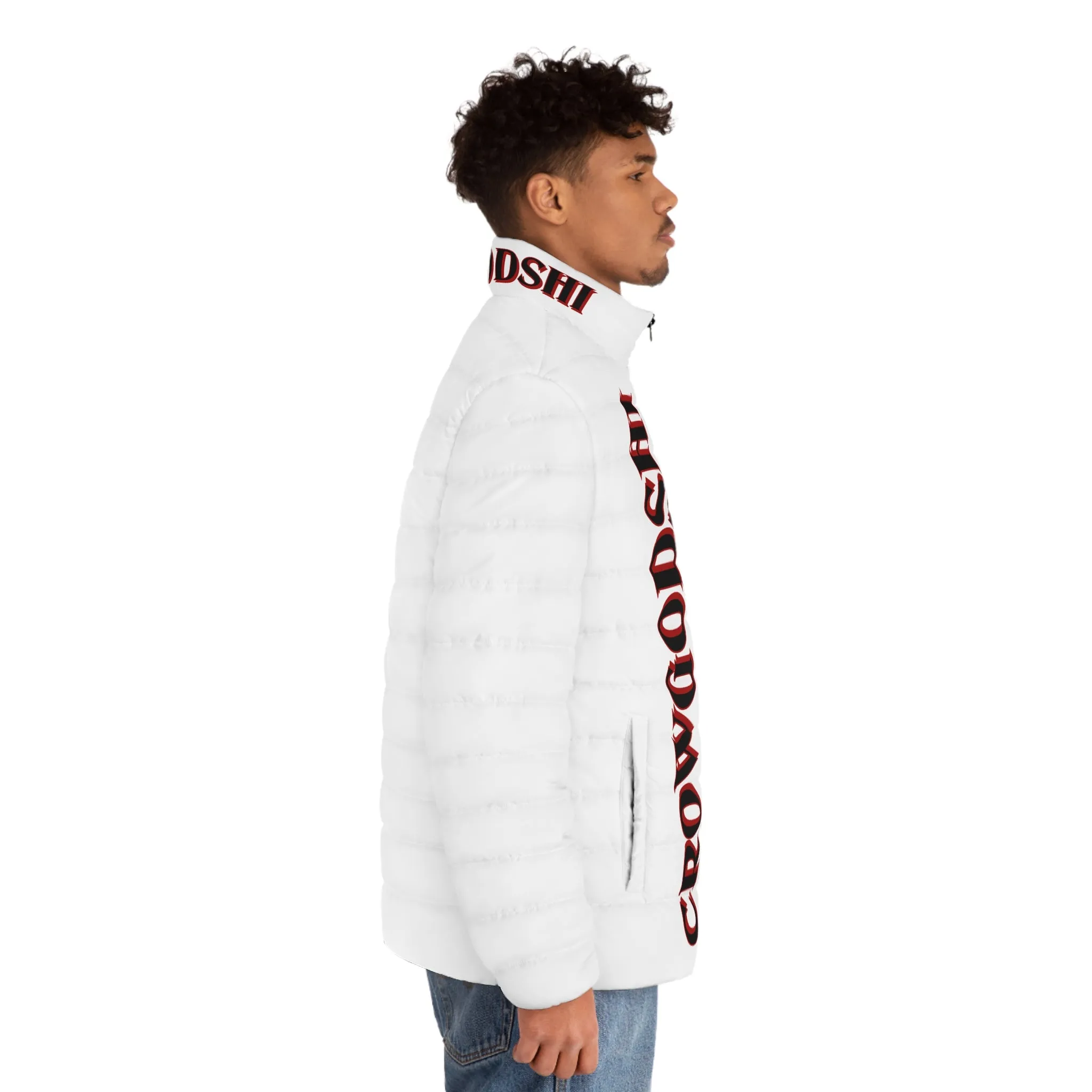 Men's CROWGODSHI 2nd GEN Puffer Jacket, WHITE W/ BURGUNDY LOGO