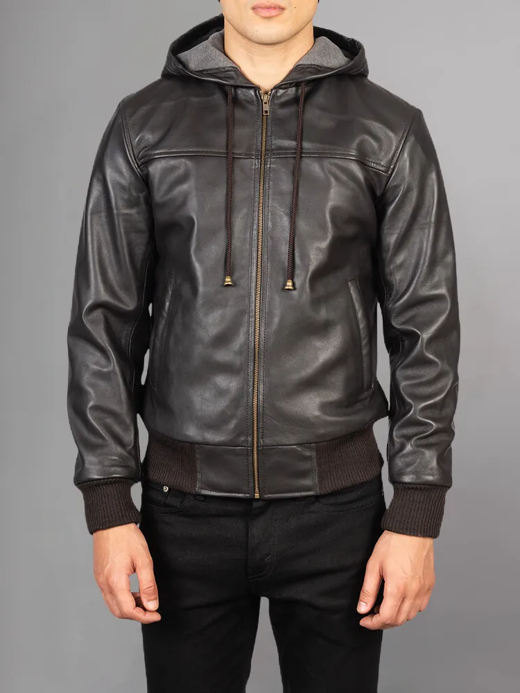 Men's Dark brown Leather Hooded Racer Jacket