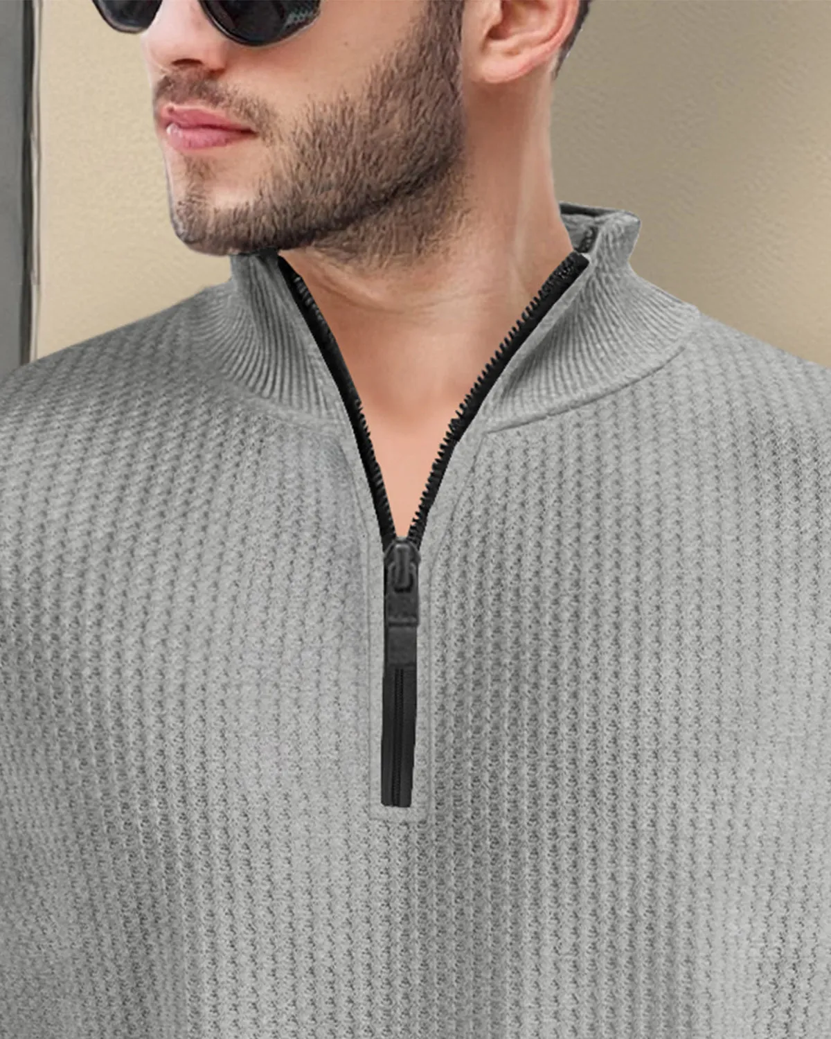 Mens Full Sleeve Plain Zipper High Neck Waffle T-shirt / Grey