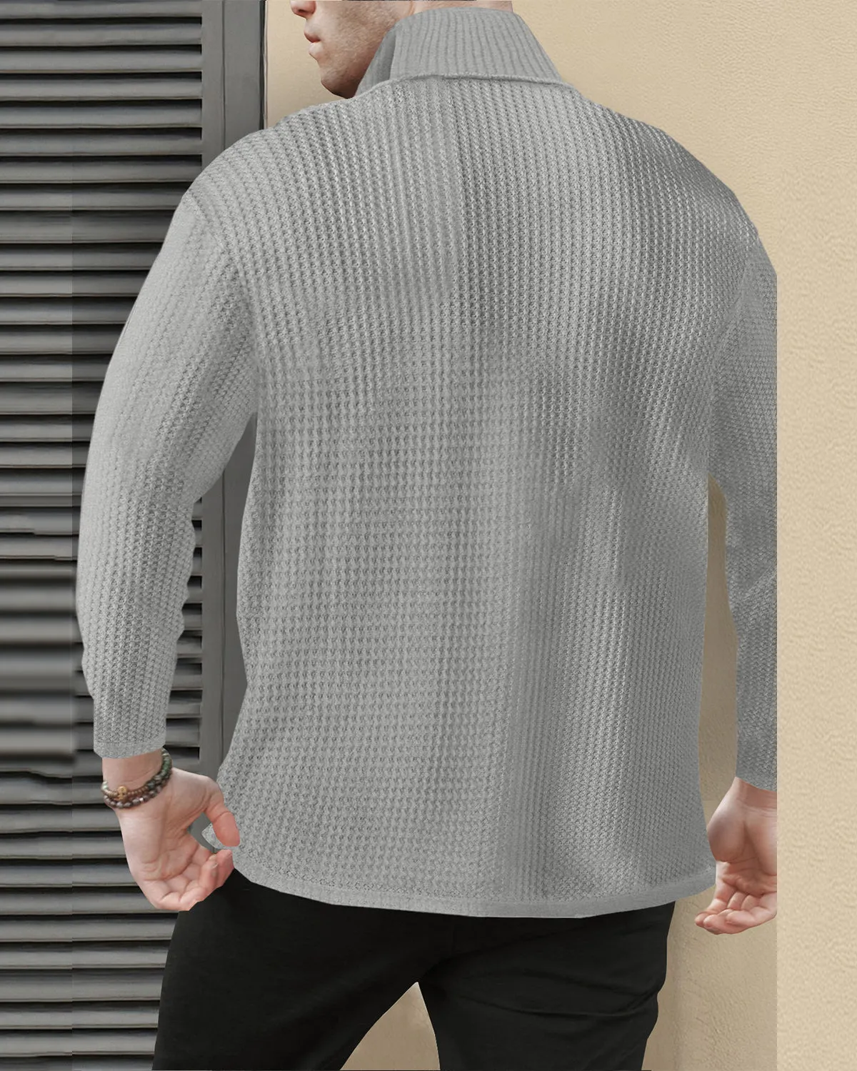 Mens Full Sleeve Plain Zipper High Neck Waffle T-shirt / Grey