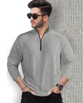 Mens Full Sleeve Plain Zipper High Neck Waffle T-shirt / Grey