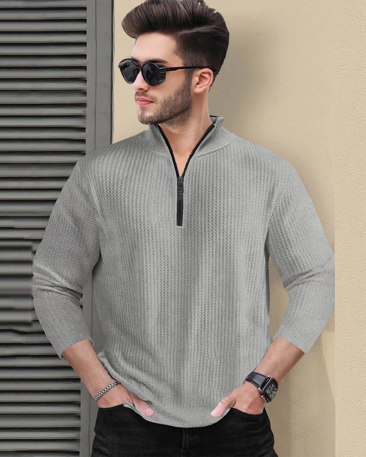 Mens Full Sleeve Plain Zipper High Neck Waffle T-shirt / Grey