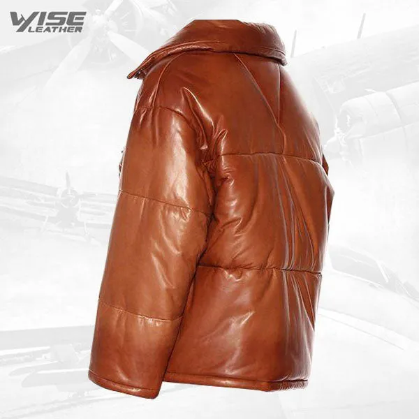 Mens Real Brown Leather Puffer Jacket