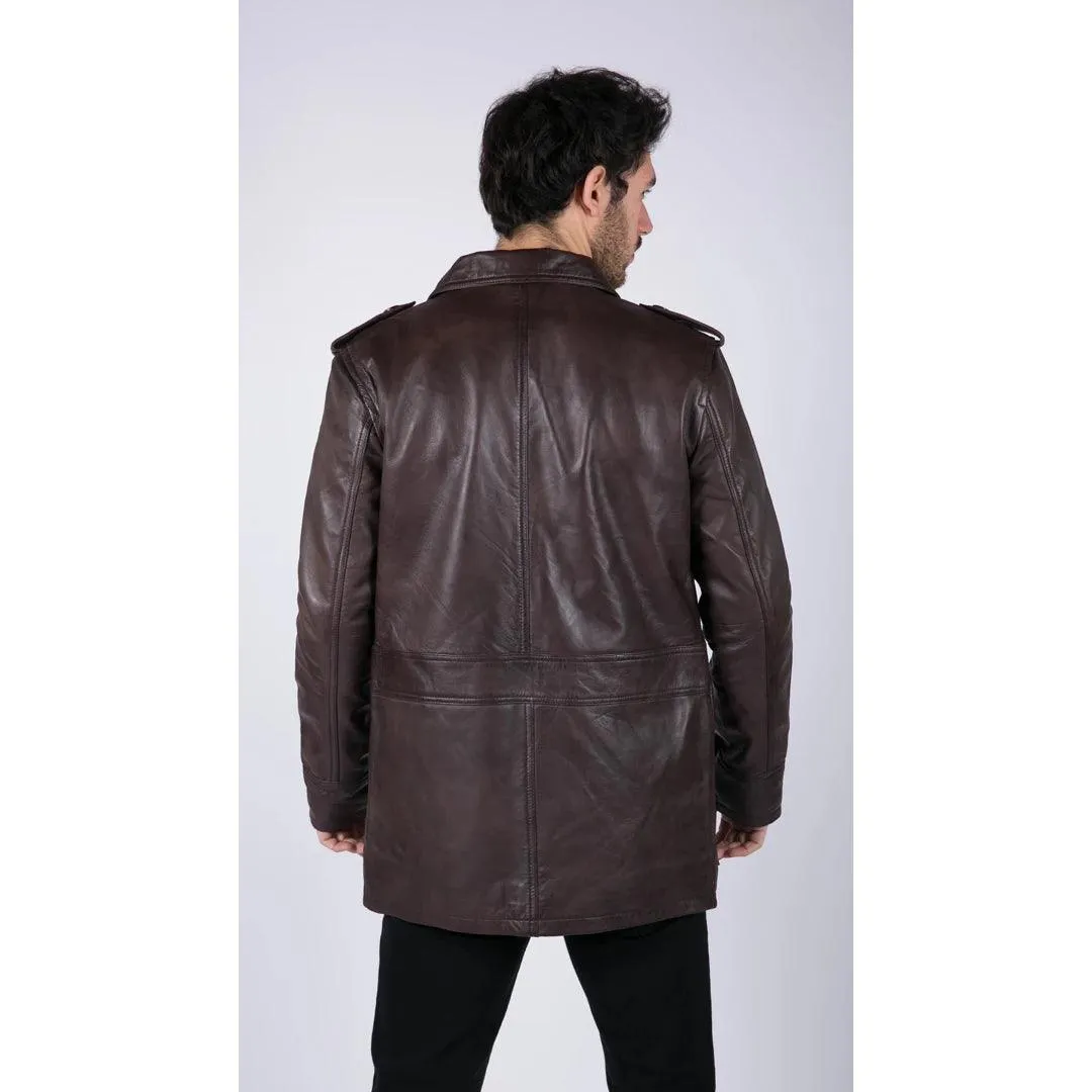 Mens Real Leather Safari Parka Coat Black Brown Tailored Fit Casual Jacket