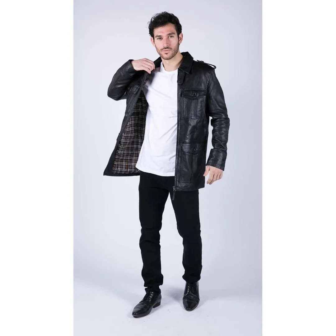 Mens Real Leather Safari Parka Coat Black Brown Tailored Fit Casual Jacket