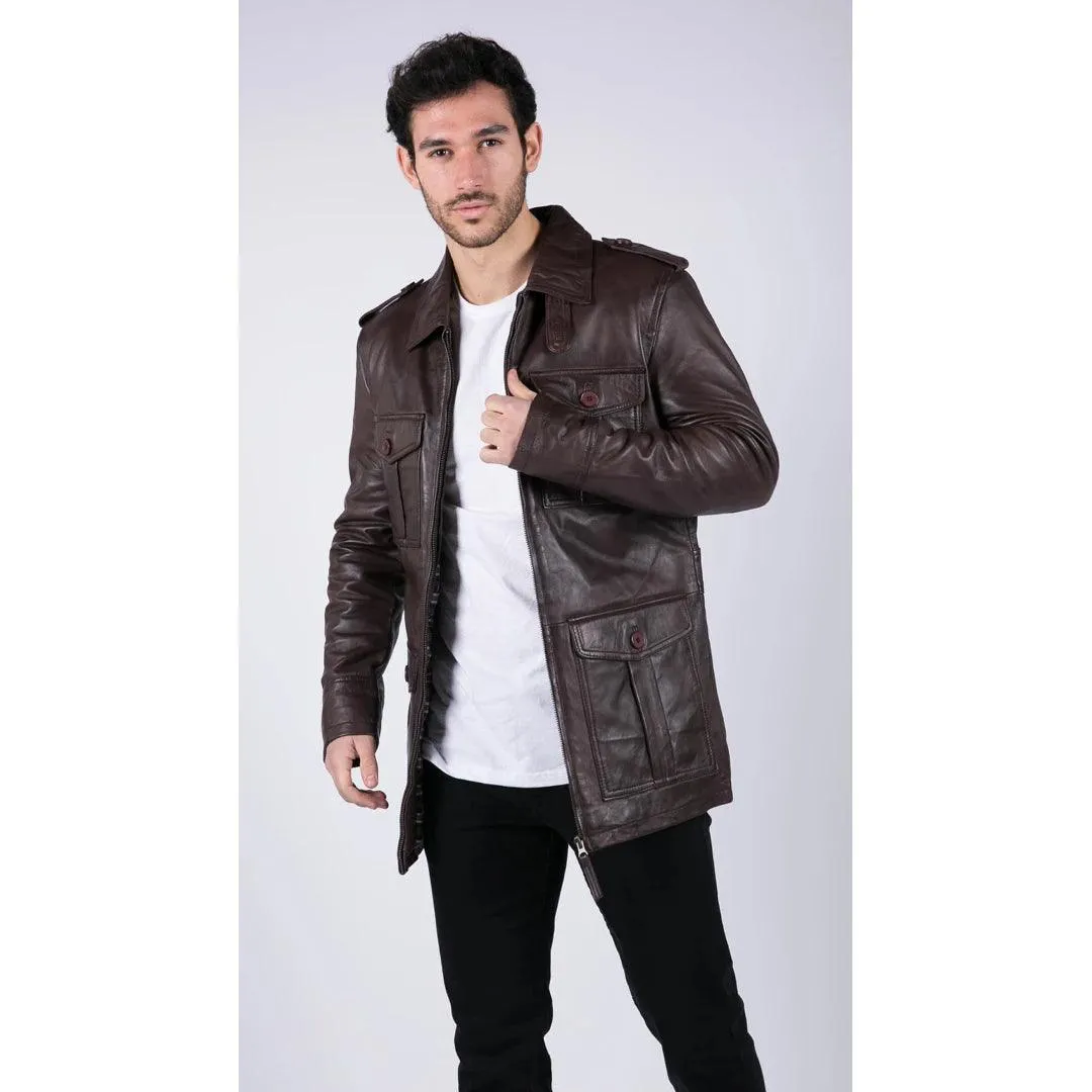 Mens Real Leather Safari Parka Coat Black Brown Tailored Fit Casual Jacket