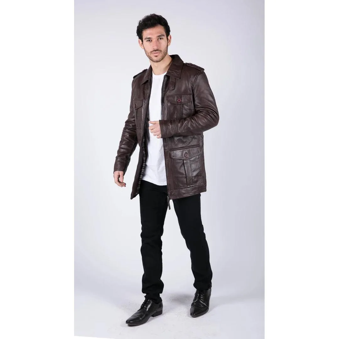 Mens Real Leather Safari Parka Coat Black Brown Tailored Fit Casual Jacket