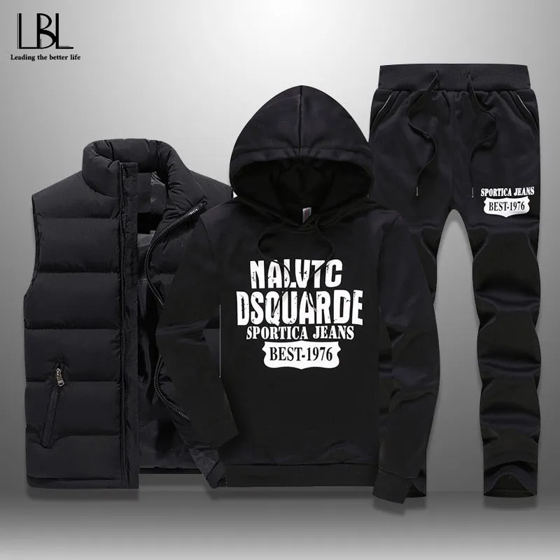 Men's Winter Tracksuits Casual Sportswear Sweatshirts Mens Set 3 Pieces Warm Vest Sweatpants Hoodie Letter Printed Plus Size 5XL