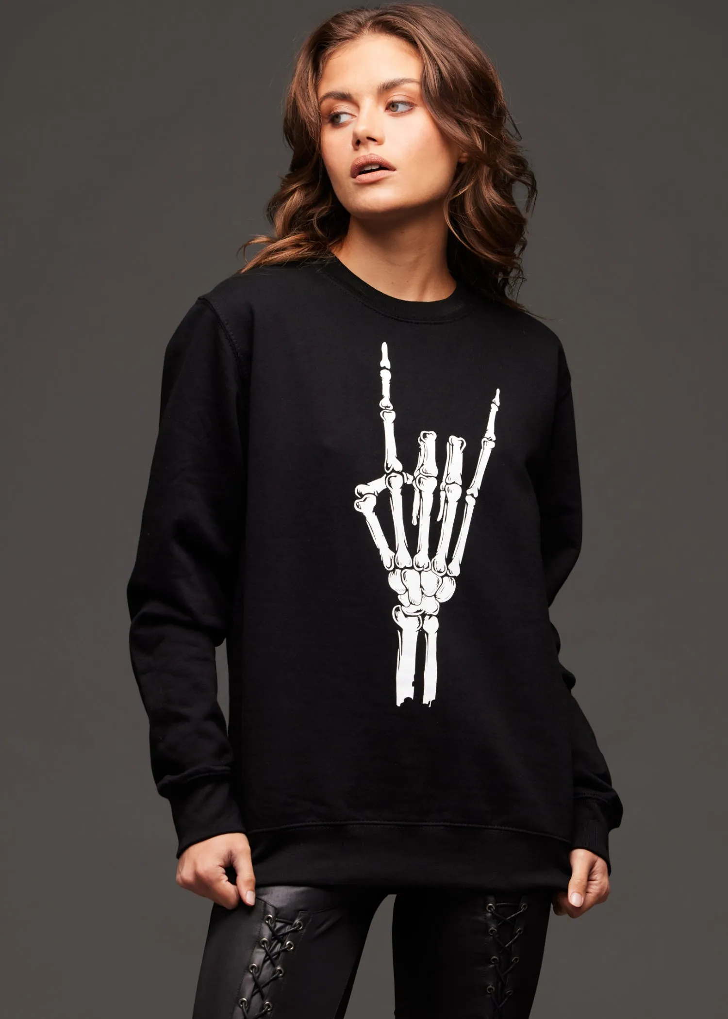 Metal Horns Skeleton Hand Skull Sweatshirt