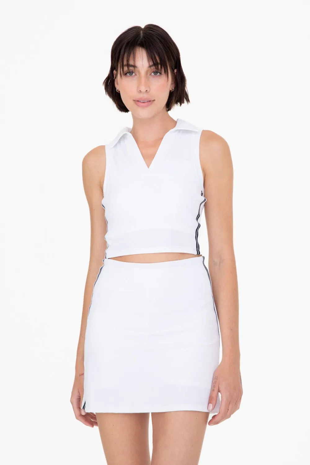 Mono B Side Stripe Cropped Tennis Polo Top