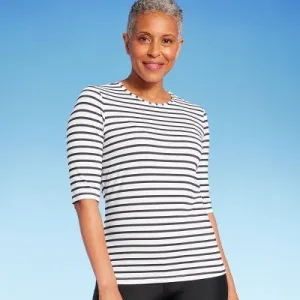 New - Lands' End Women's UPF 50 Striped Crewneck Half Sleeve Rash Guard - Navy Blue/White M