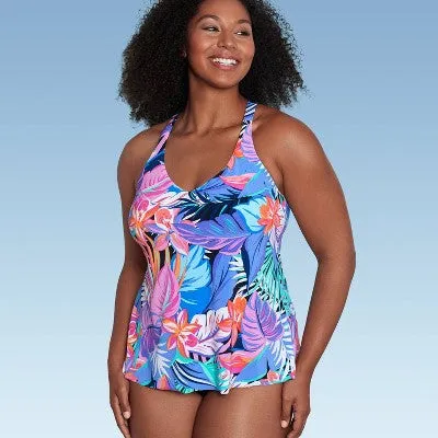 New - Women's UPF 50 V-Neck Tankini Top - Aqua Green Multi Tropical Print S