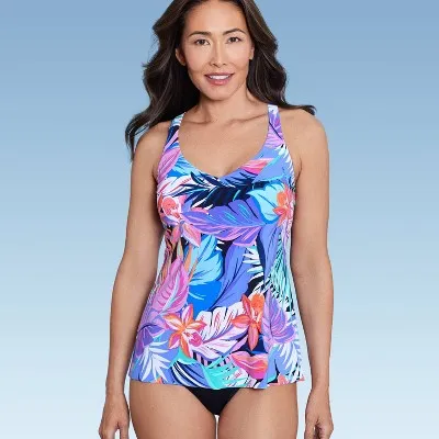 New - Women's UPF 50 V-Neck Tankini Top - Aqua Green Multi Tropical Print S