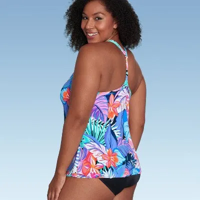 New - Women's UPF 50 V-Neck Tankini Top - Aqua Green Multi Tropical Print S