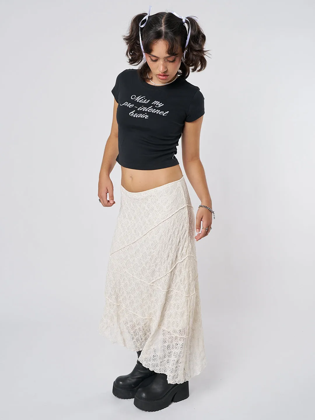 Nolia Cream Lace Asymmetric Midi Skirt