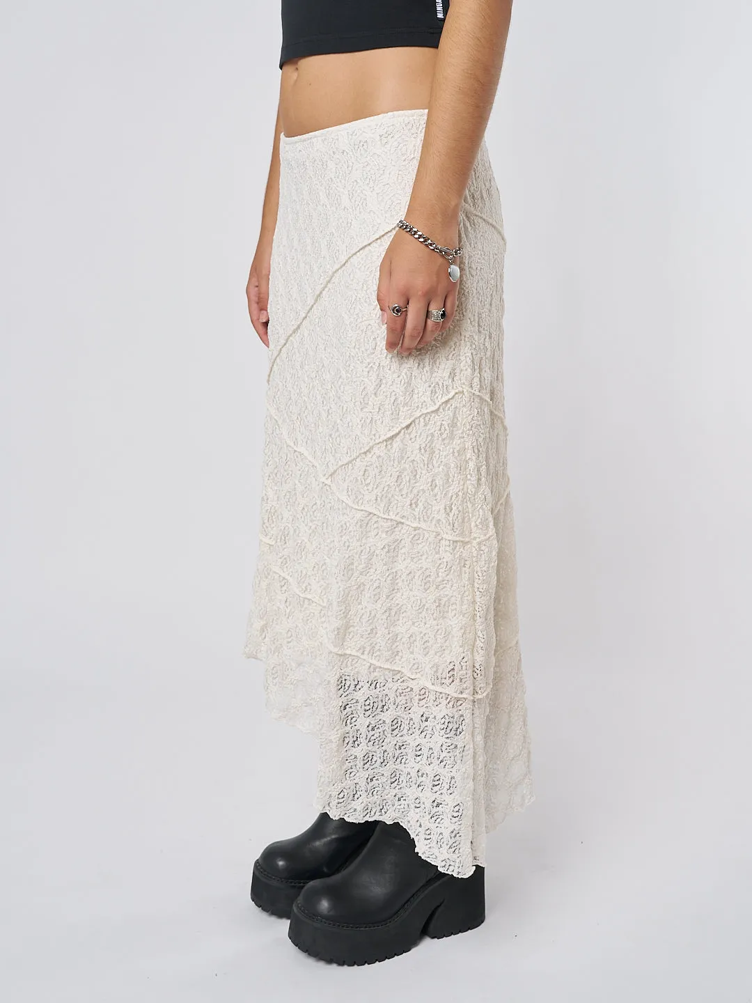 Nolia Cream Lace Asymmetric Midi Skirt