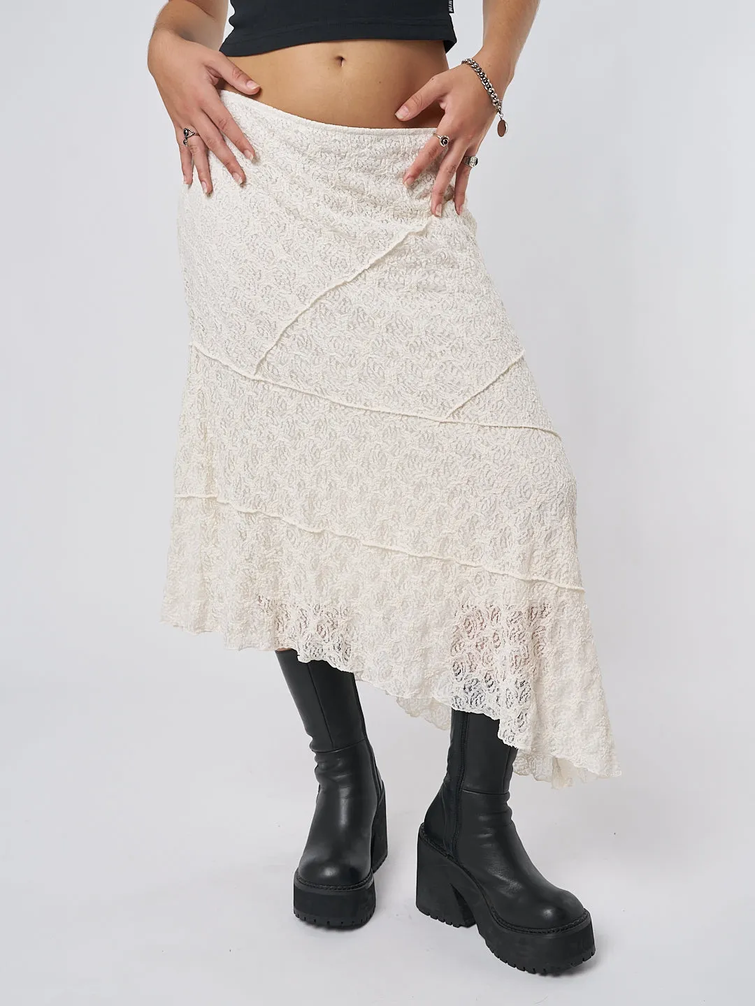 Nolia Cream Lace Asymmetric Midi Skirt