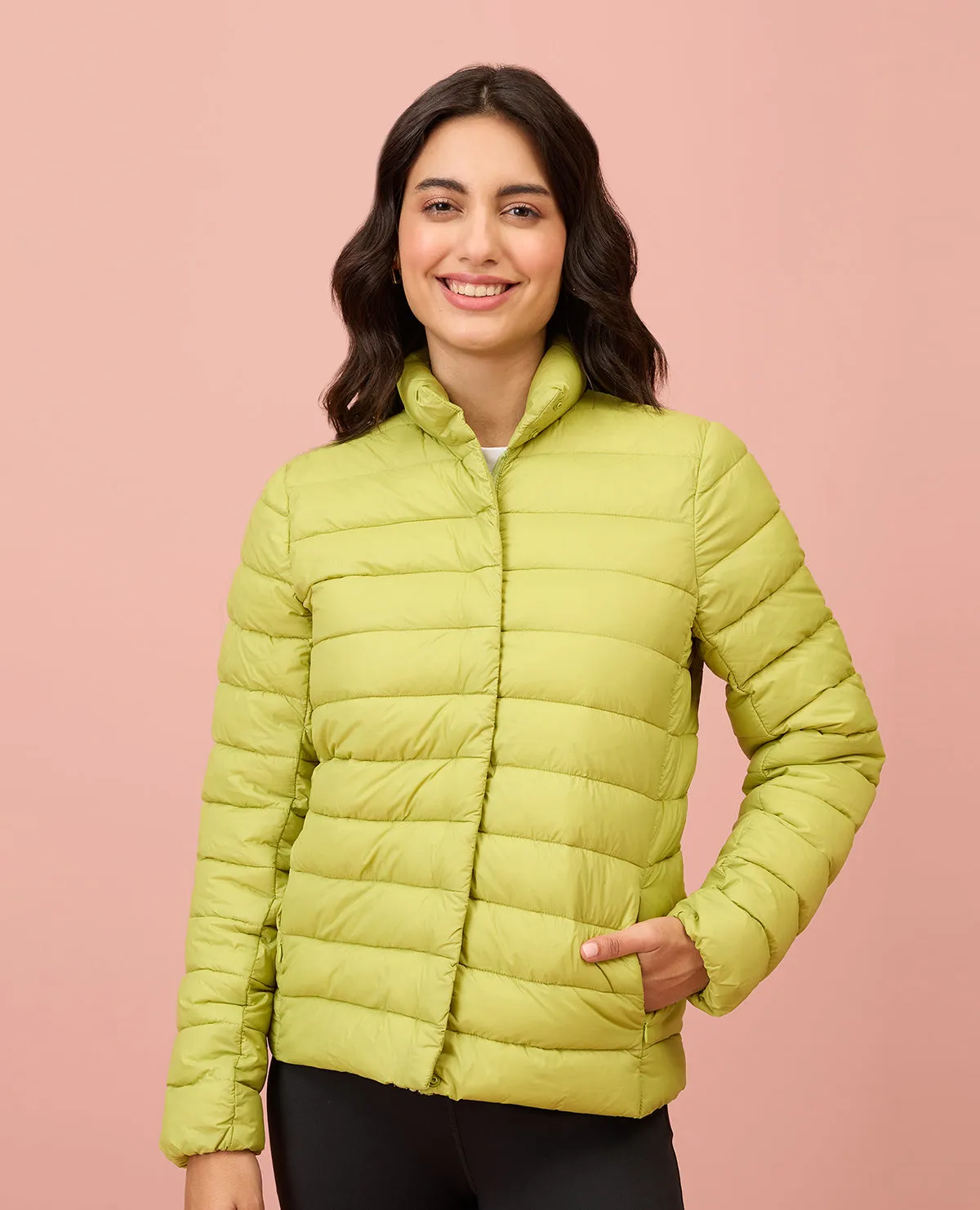 NYKD By Nykaa Ultra Light Weight Puffer Jacket with Inbuilt Bag (Set of 2)-NYAT405-Green