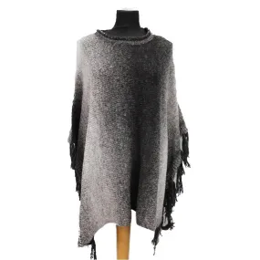 Ombre Poncho With Fringe - Grey