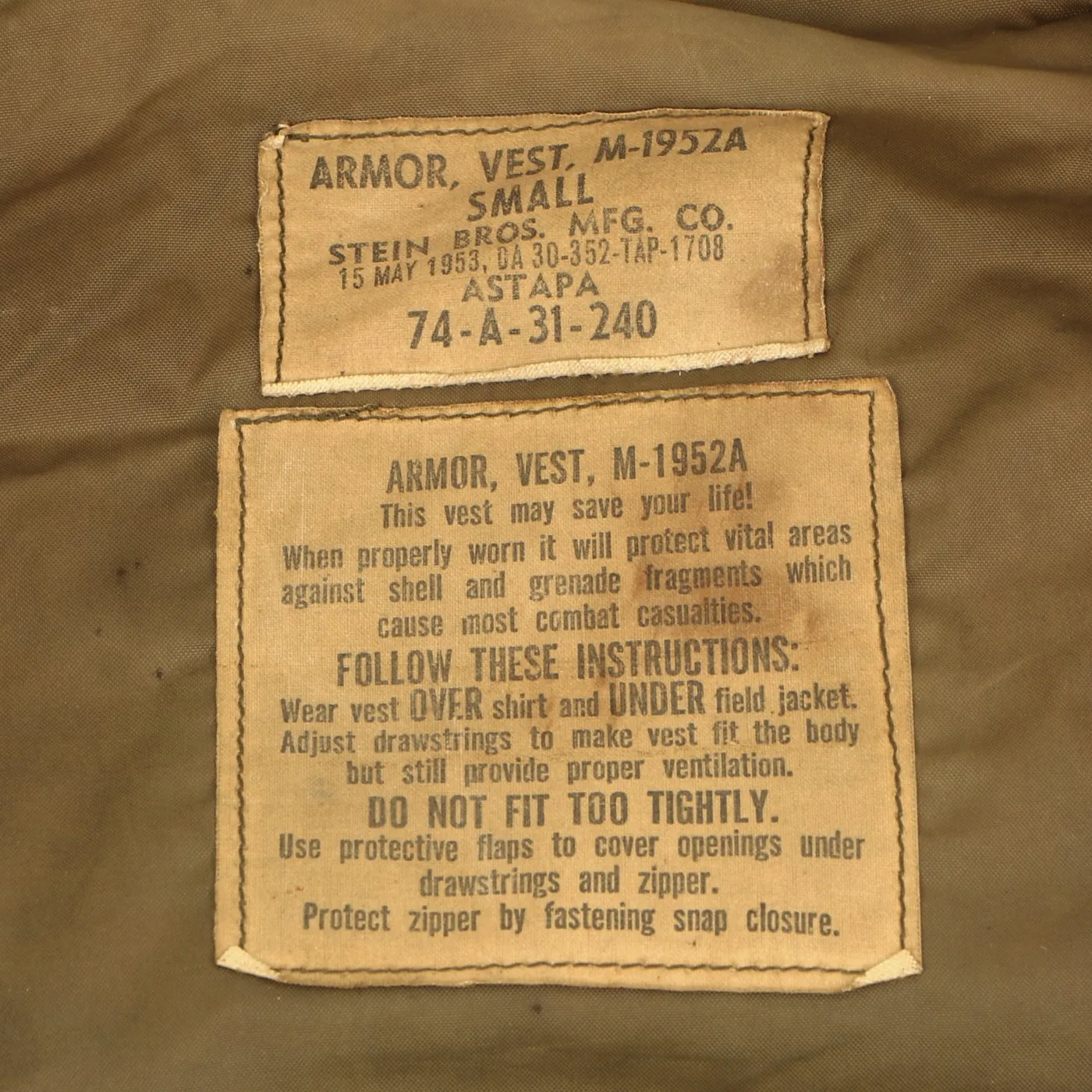 Original U.S. Vietnam War M-1952A Flak Body Armor Vest by Stein Bros - Dated May 1953