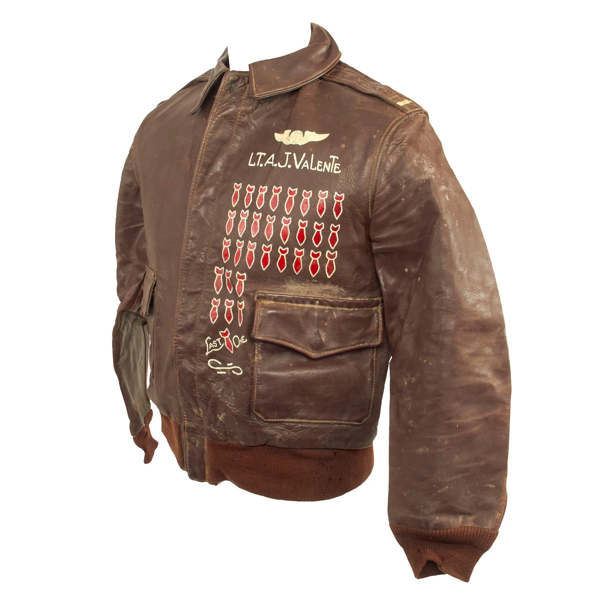 Original U.S. WWII 8th Air Force Painted A-2 Leather Flight Jacket - 453rd Bomb Group - Same as Jimmy Stewart - Lt. Anthony J. Valente