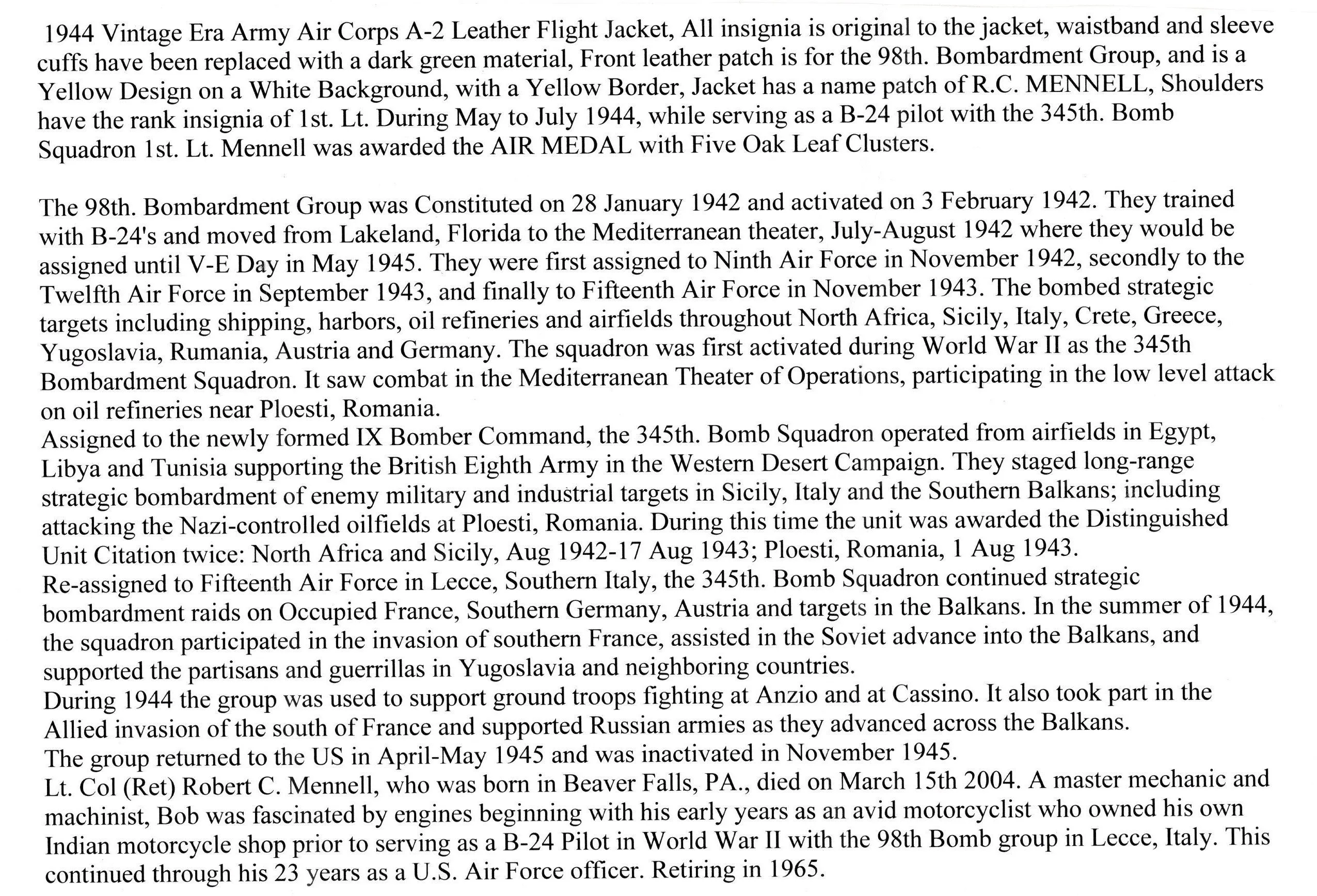 Original U.S. WWII B-24 Liberator 98th Bombardment Group Named Pilot A-2 Flight Jacket - Lt. Col Robert C. Mennell