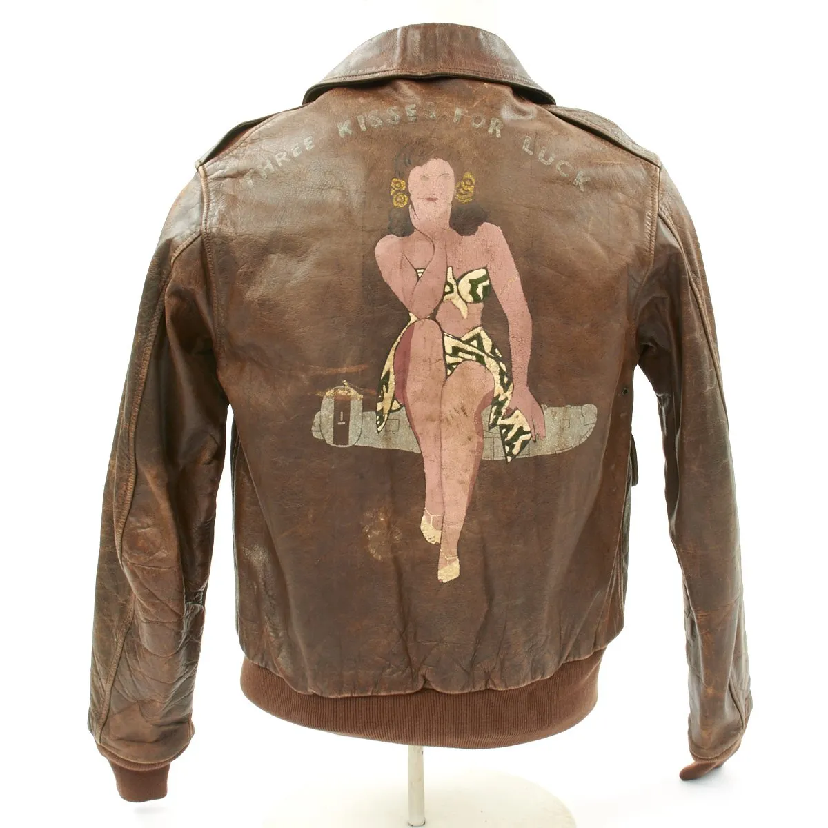 Original U.S. WWII B-24 Liberator Three Kisses for Luck Named A-2 Flight Jacket - Flying Eight Balls 44th Bomb Group