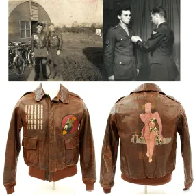 Original U.S. WWII B-24 Liberator Three Kisses for Luck Named A-2 Flight Jacket - Flying Eight Balls 44th Bomb Group