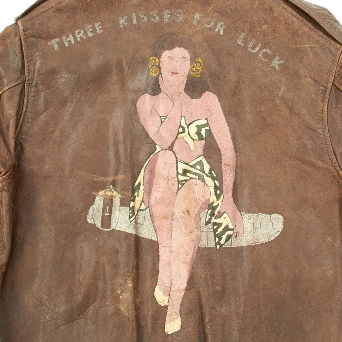 Original U.S. WWII B-24 Liberator Three Kisses for Luck Named A-2 Flight Jacket - Flying Eight Balls 44th Bomb Group