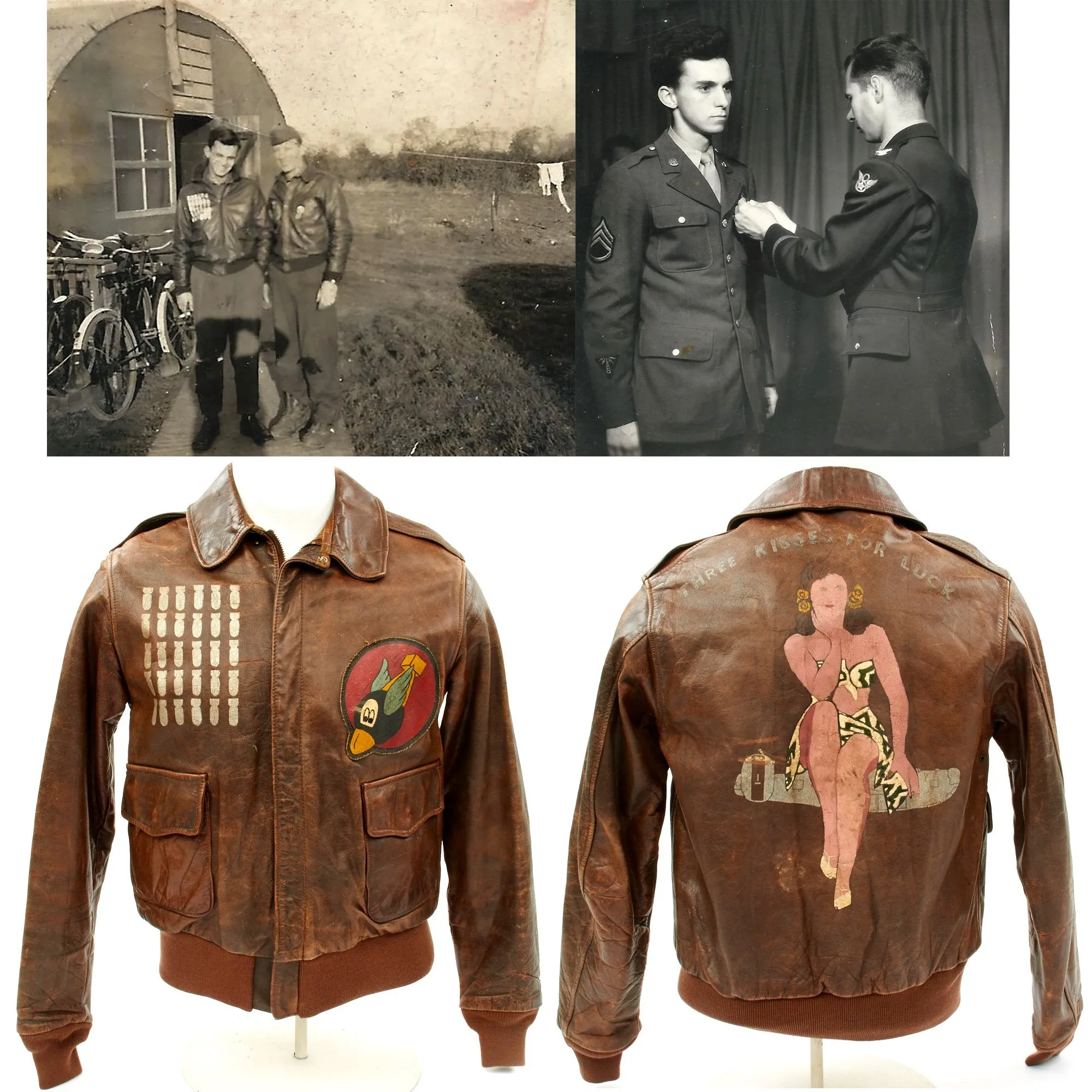 Original U.S. WWII B-24 Liberator Three Kisses for Luck Named A-2 Flight Jacket - Flying Eight Balls 44th Bomb Group