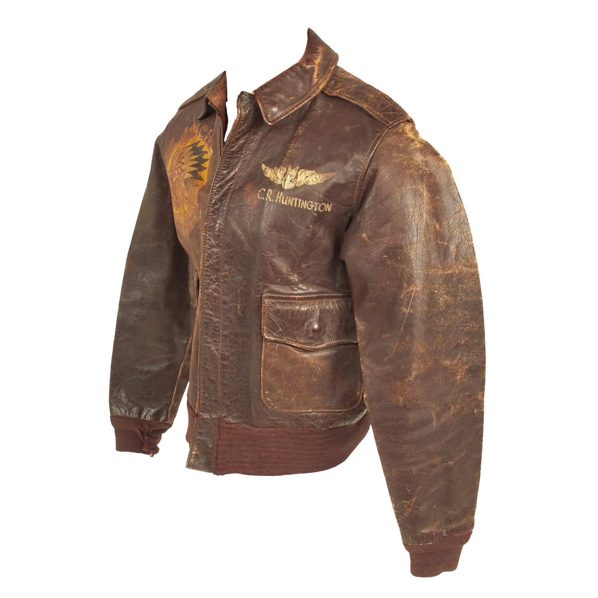 Original U.S. WWII Named Painted A-2 Leather Flight Jacket For Gunner Carlton Huntington, 345th Bombardment Group “Air Apaches”, 501st Bombardment Squadron “Black Panthers”