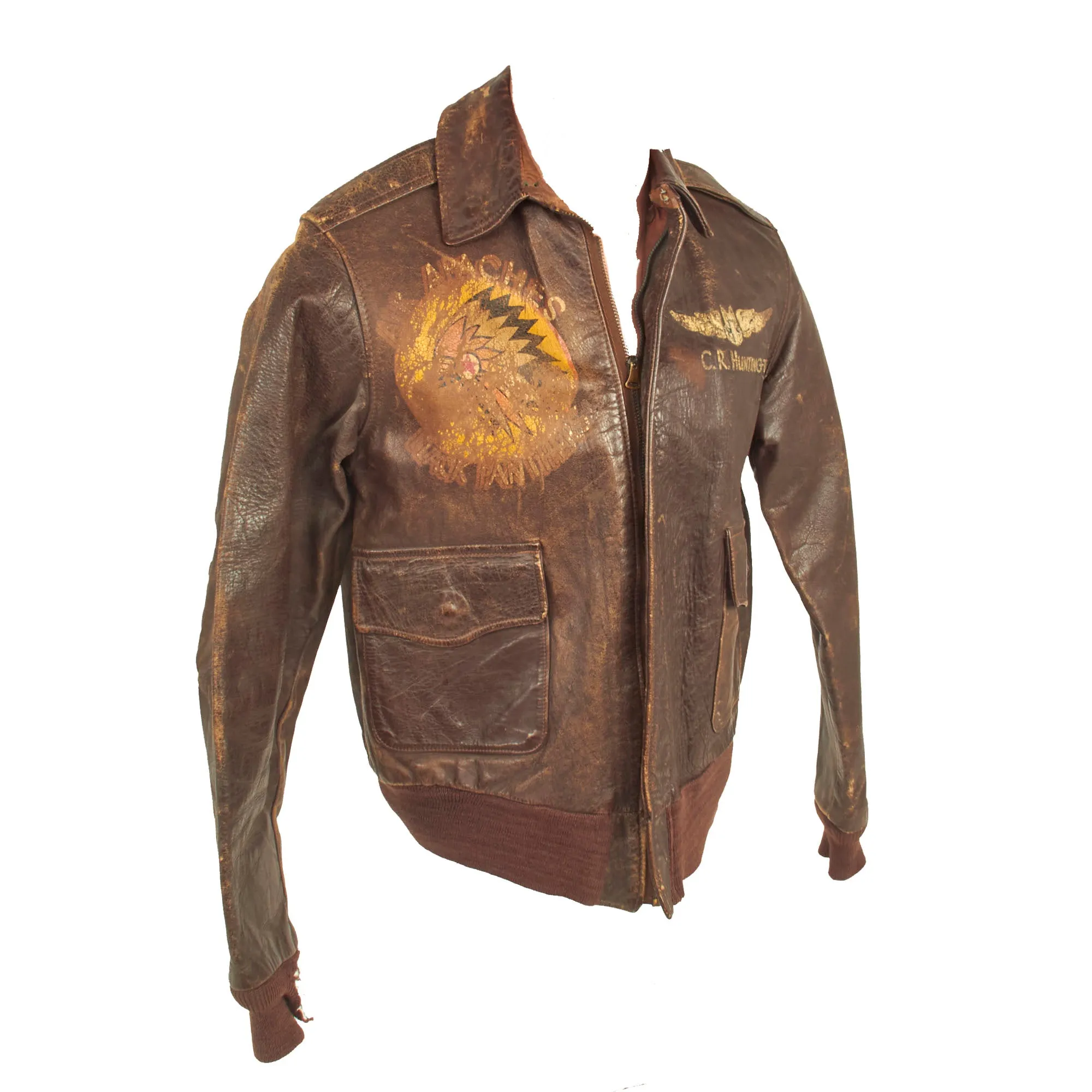 Original U.S. WWII Named Painted A-2 Leather Flight Jacket For Gunner Carlton Huntington, 345th Bombardment Group “Air Apaches”, 501st Bombardment Squadron “Black Panthers”