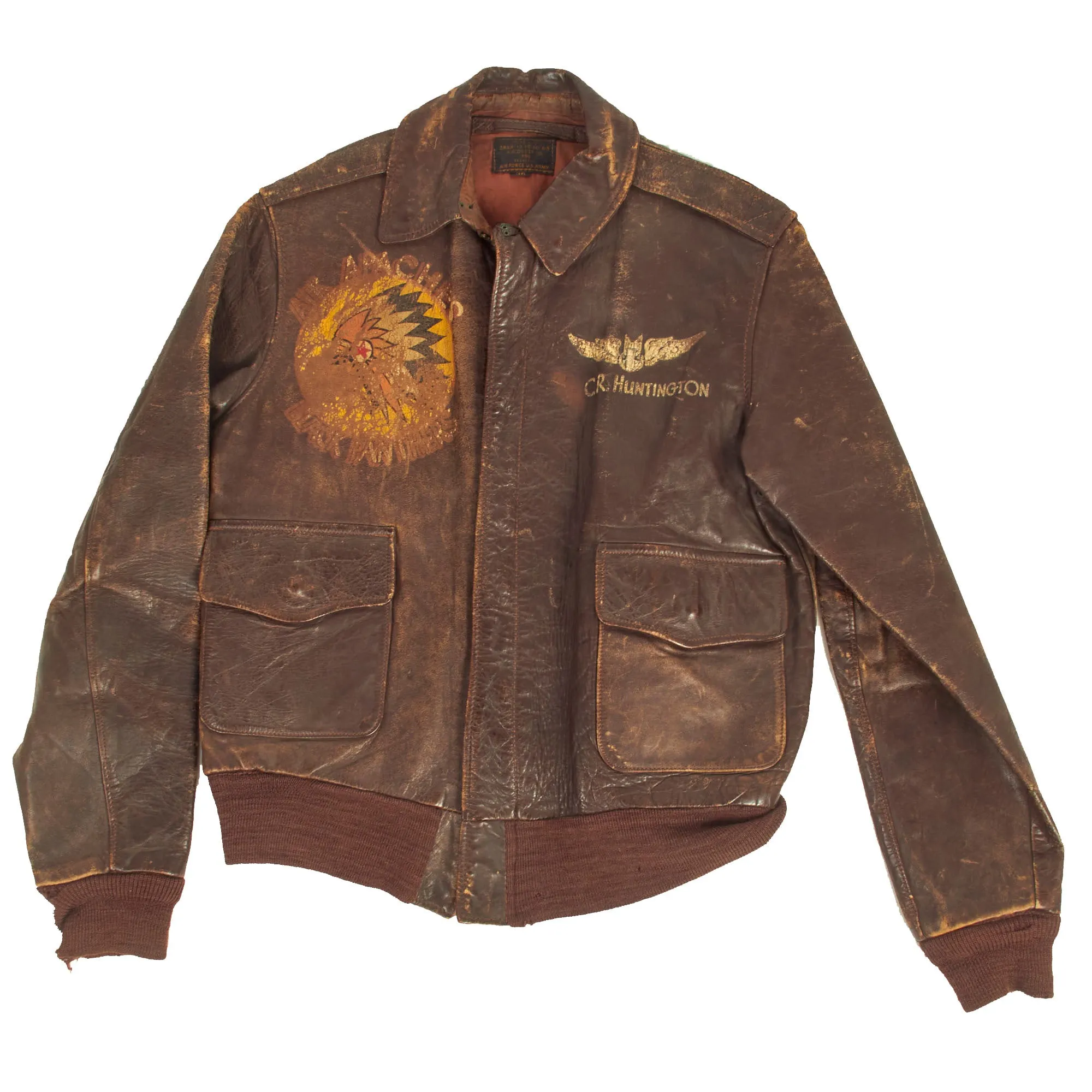 Original U.S. WWII Named Painted A-2 Leather Flight Jacket For Gunner Carlton Huntington, 345th Bombardment Group “Air Apaches”, 501st Bombardment Squadron “Black Panthers”