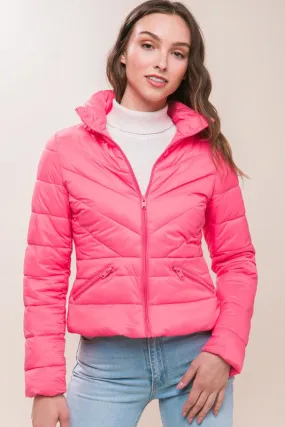 Pink Zip Up Puffer Jacket With Storage Bag