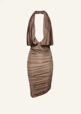 Plunge halter jersey midi dress in beige