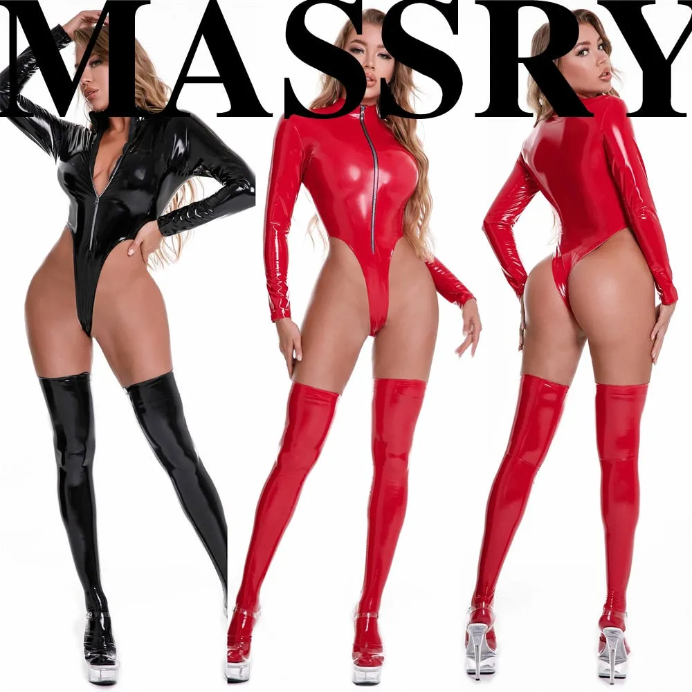 PVC Leather Wet Look Bodysuits Zipper Open Latex Catsuit Pole Dance Uniform Night Clubwear Women Shiny Jumpsuit