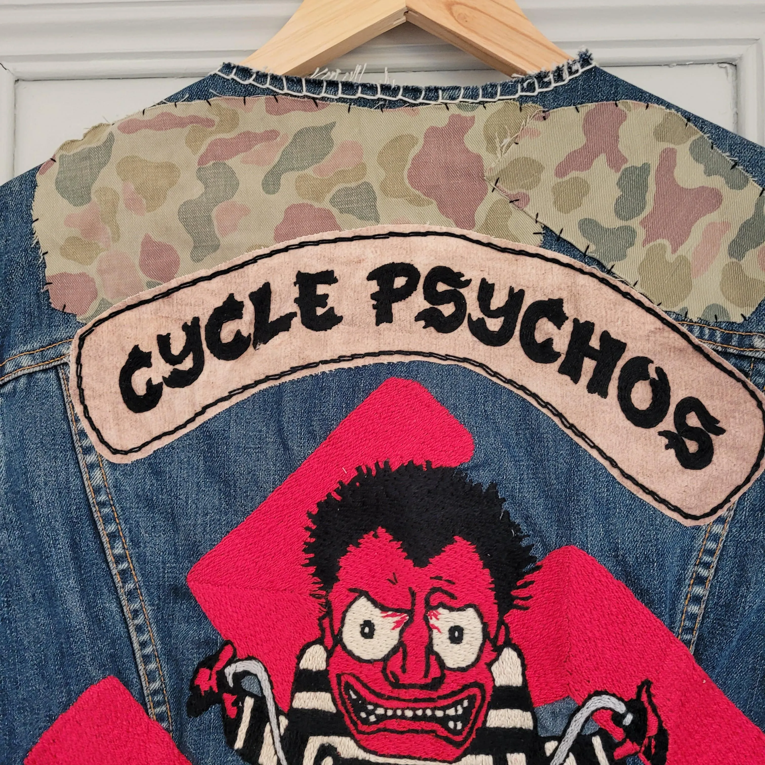 "Cycle psychos" chainstitched by hand Levi's Jacket/ Veste levis vintage brodée main et patchée