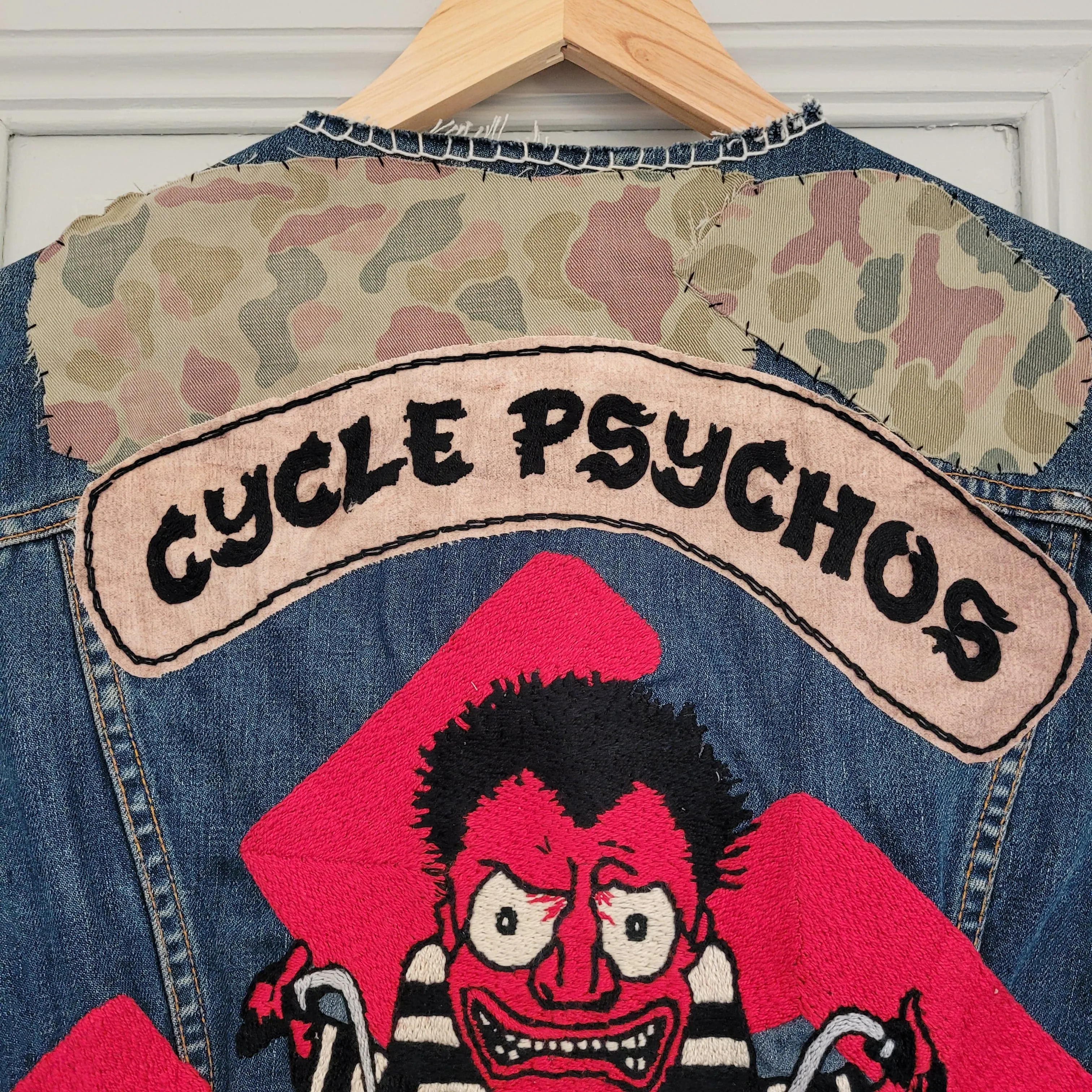 "Cycle psychos" chainstitched by hand Levi's Jacket/ Veste levis vintage brodée main et patchée