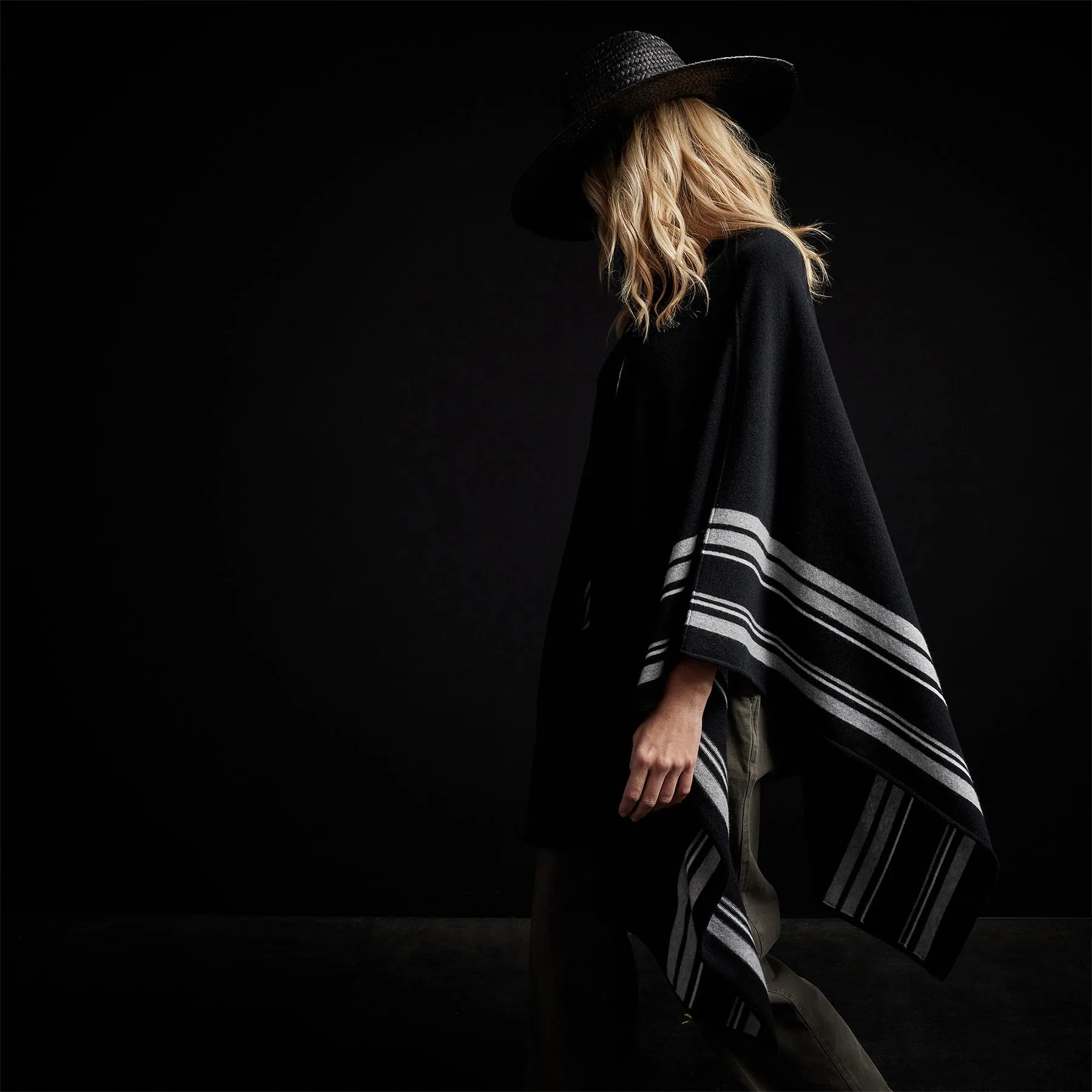 Recycled Cashmere Striped Poncho - Black