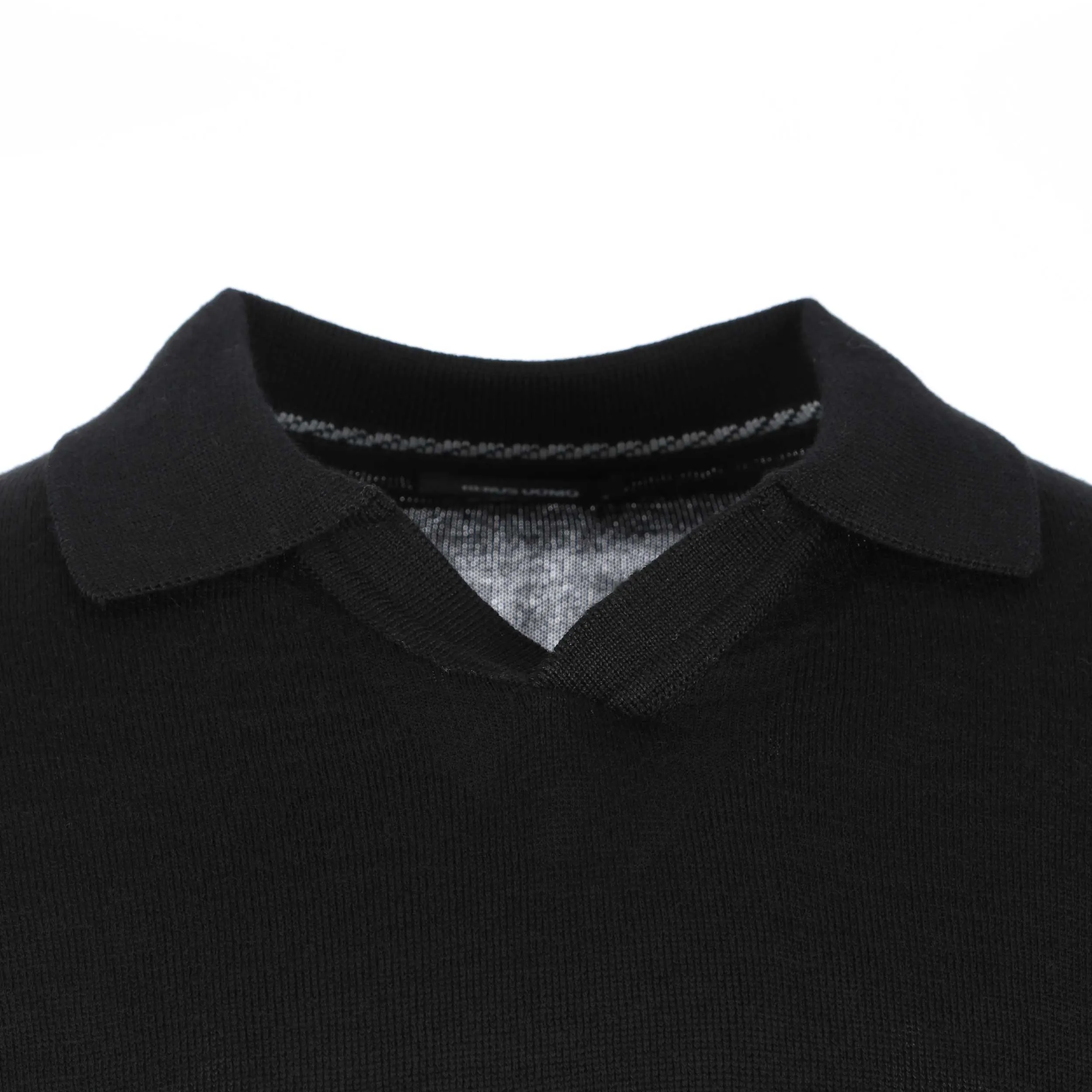 Remus Uomo Open Collar Knitted LS Polo Shirt in Black