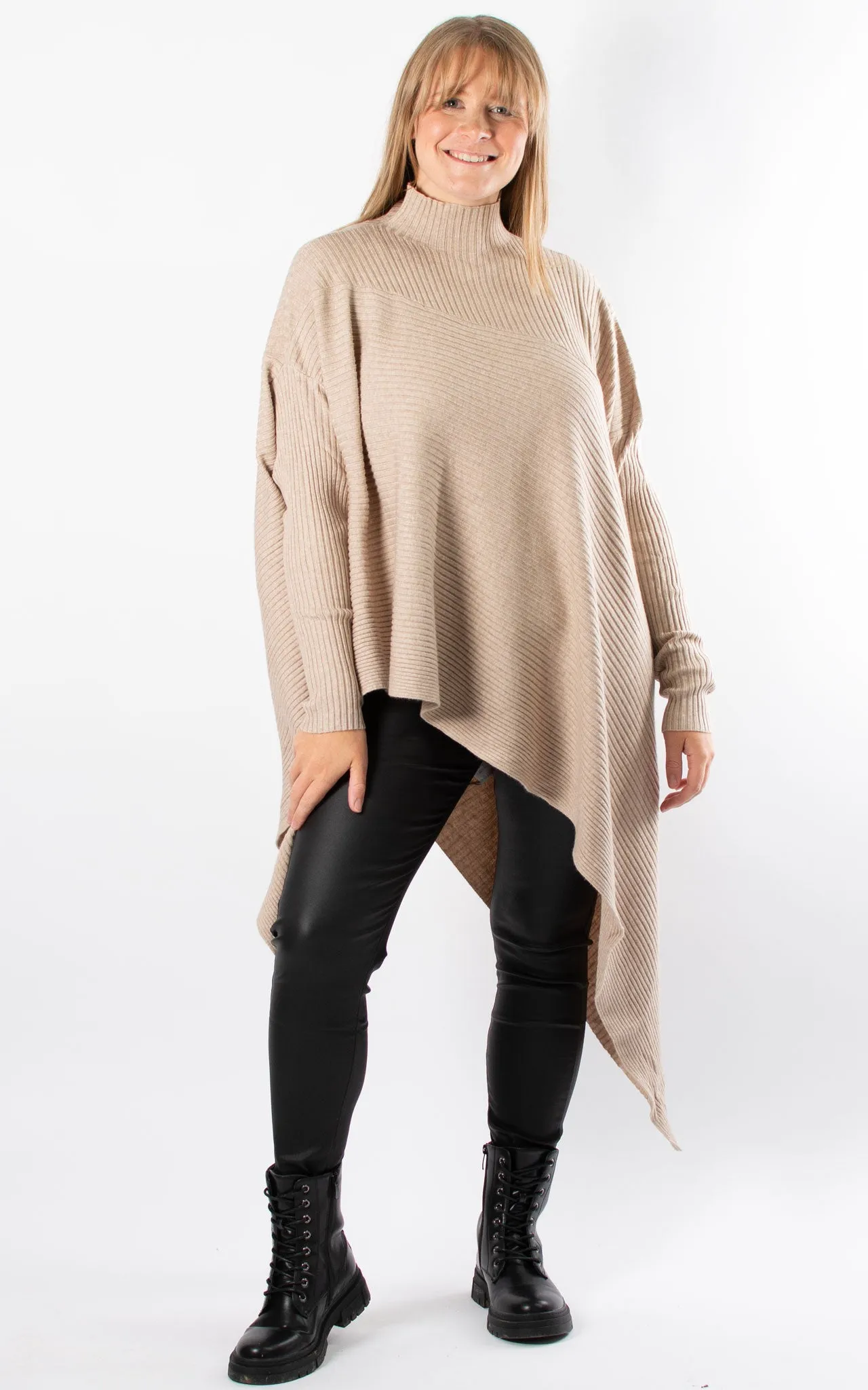 Ribbed Poncho | Taupe