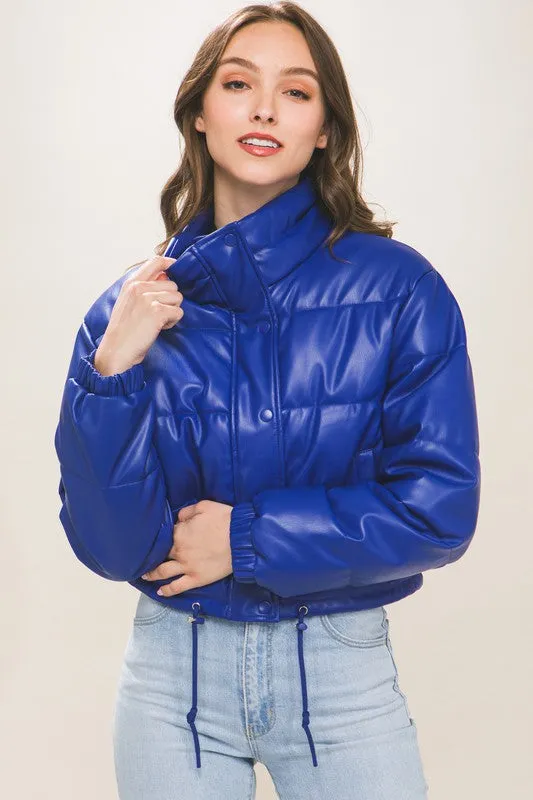 Royal PU Faux Leather Puffer Jacket With Snap Closure