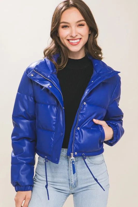 Royal PU Faux Leather Puffer Jacket With Snap Closure