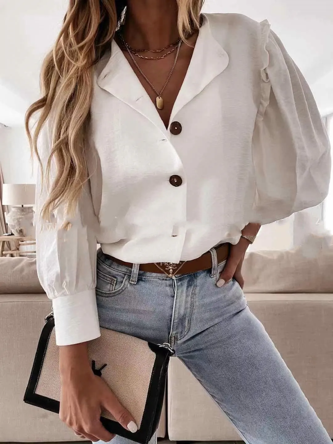 Ruffled Five-Point Sleeve Top