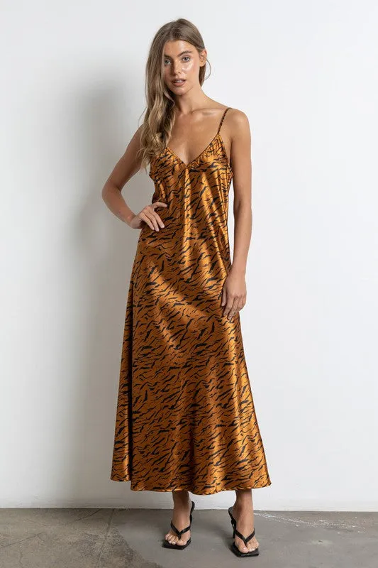 Rust Animal Print Satin Midi Slip Dress